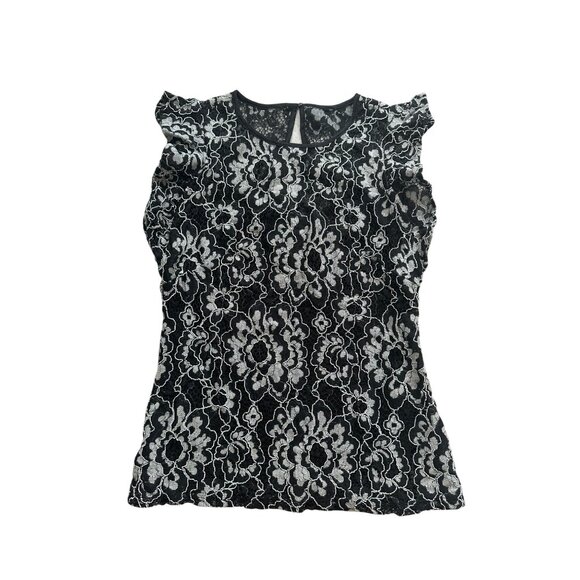 WHITE H0USE BLACK MARKET Lace Floral Ruffle Cap Sleeve Top Size 0 - Picture 6 of 7
